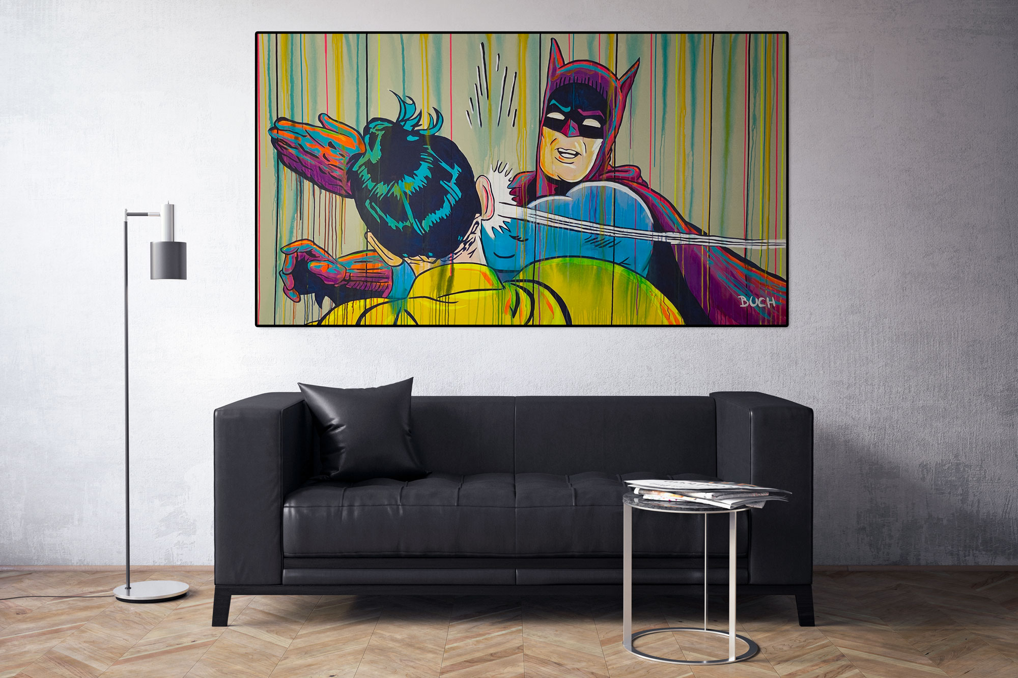 Original popart maleri af Batman som slår Robin med løbende maling, malet af kunstner Allan Buch Maleri til salg