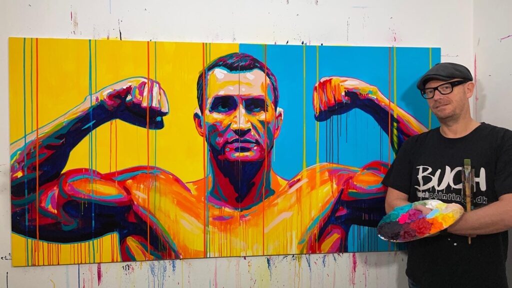 pop art maleri i blå og gule farver af den Ukrainske mester bokser Wladimir Klitschko malet med akkryl på lærred i 2022