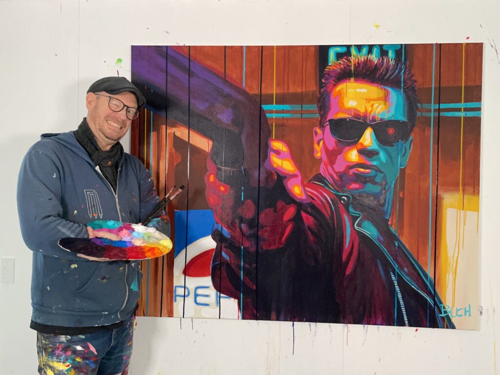 Original popart maleri med Arnold Schwarzenegger som Terminator med løbende maling, malet af kunstner Allan Buch Maleri