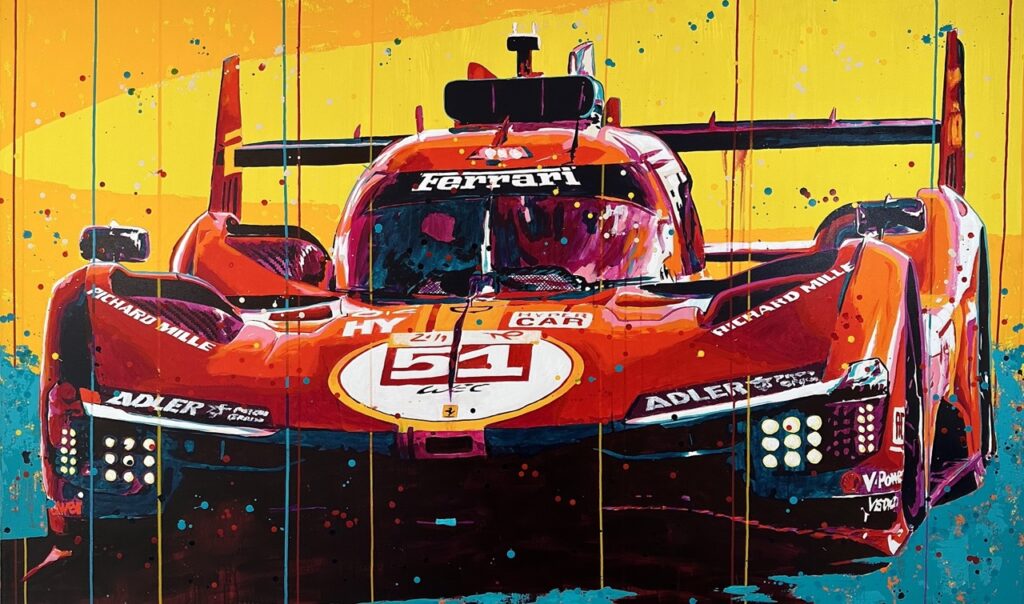 #ferrarilemans 200 x 120 cm. Akryl på lærred. 2023 Dripping paints. Jeg blev så inspireret over Ferraris super comeback (efter 50 års fravær) til 24timers løbet Le Mans, at jeg selvfølgelig skal hylde Ferrari raceren med et maleri. Se mere: www.buchpaintings.dk #farverigemalerier #ferraripassion #ferraripainting #ferrarihypercar #supercars #coolcarrace #carcollection #carcollector