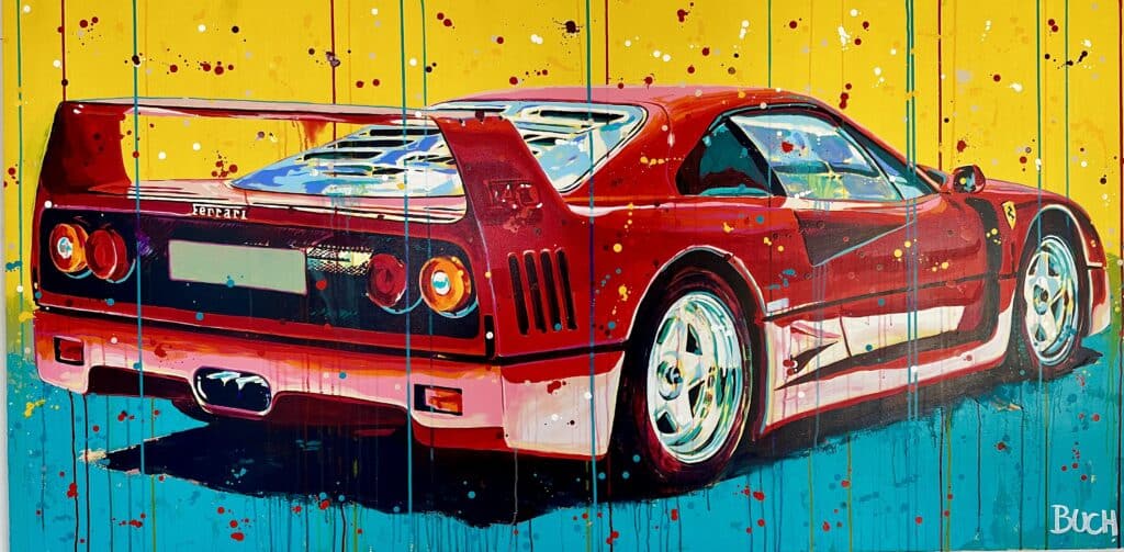 “🎨 Unleashing the Thrill of Speed 🏁🔥 Introducing my latest masterpiece: Ferrari F40 PopArt Painting! 🚗💨 200 x 100 cm of sheer adrenaline, brought to life with acrylic on canvas in 2023. Capturing the essence of this iconic Ferrari’s curves and lines is an exhilarating journey on its own. 💥 Witness the fusion of art and horsepower as I dive into the realm of these magnificent supercars. Every stroke of paint is a tribute to their power and beauty. 🎉🎨 Visit www.buchpaintings.dk to feast your eyes on more automotive art that’s a feast for the senses. 🎉🖼️ #FerrariF40 #SuperCars #CoolCarRace #Ferrari #PopArt #PopArtStyle #VibrantArtworks #BuchPaintings”