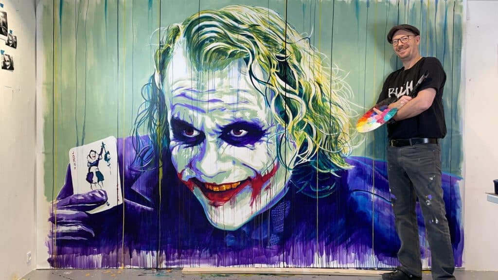 popart, large scale paintings, colorfull popart paintings, paintings with formula 1, paintings with motorsport, ferrari, porsche, Joker, David bowie