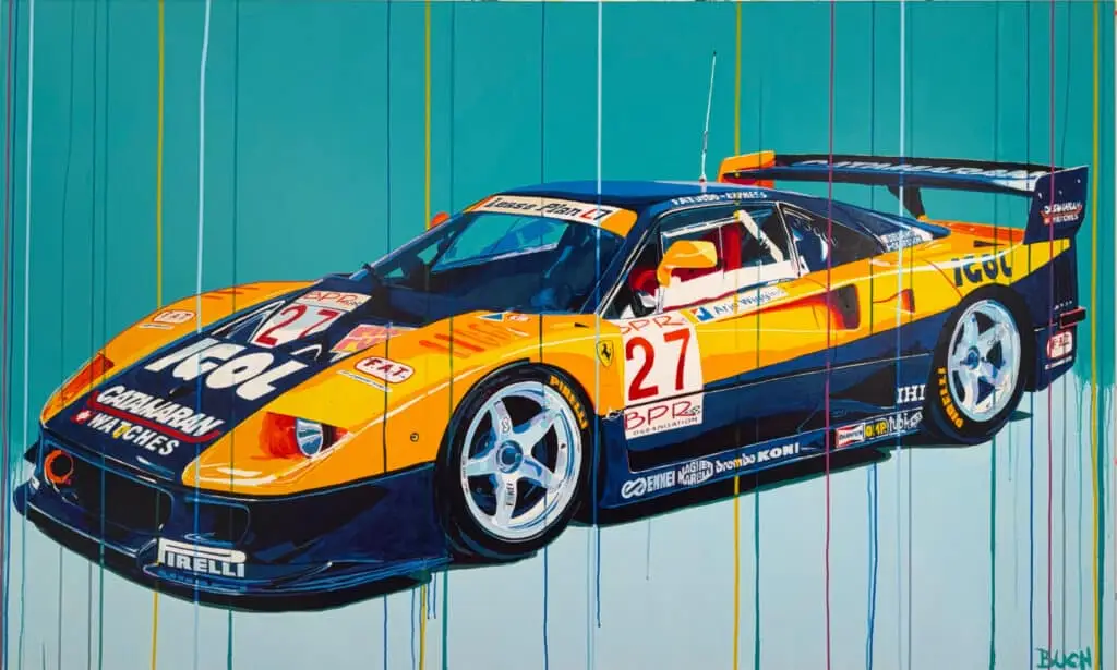 Ferrari F40 GtE painting, Pebble beach painting, car collector, Ferrari painting, popart, large scale paintings, colorfull popart paintings, paintings with formula 1, paintings with motorsport, ferrari, porsche, Joker, David bowie