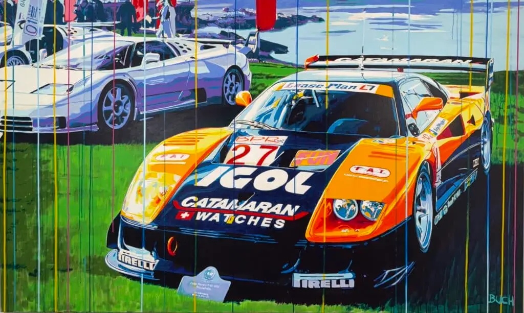 Ferrari F40 GtE painting, Pebble beach painting, car collector, Ferrari painting, popart, large scale paintings, colorfull popart paintings, paintings with formula 1, paintings with motorsport, ferrari, porsche, Joker, David bowie