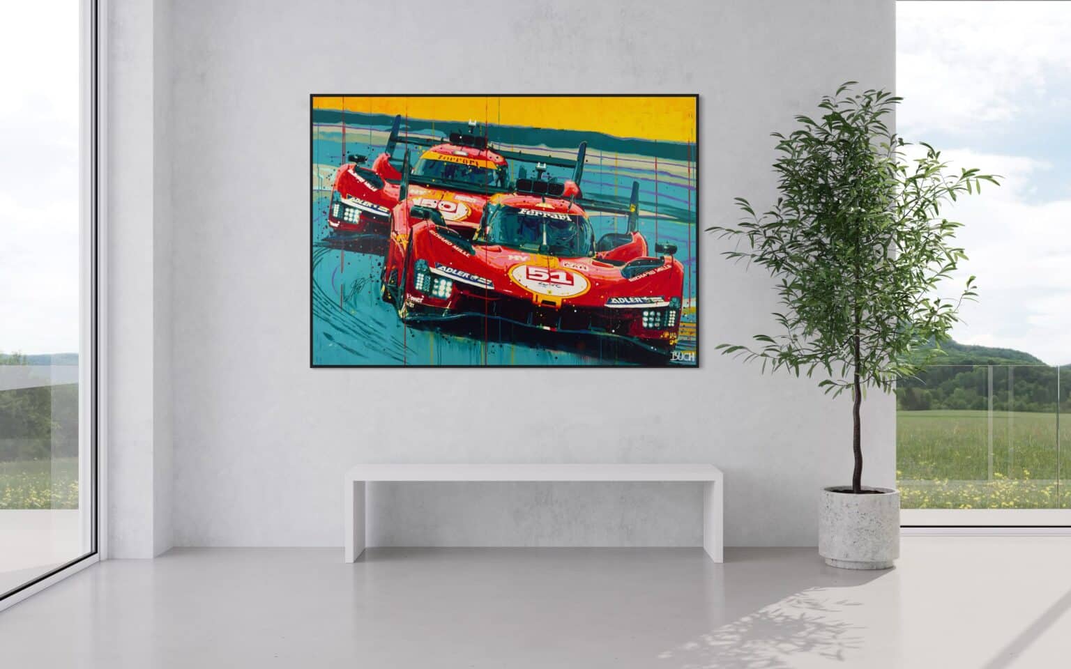 Ferrari 499p hypercars 51 and 50, 24 hours of Le Mans winner 2023 and 2024, Fia wec, endurance race, pop art painting, large scale painting. motorsport. carcollector, on wall