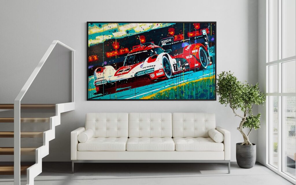 Living room with a white tufted sofa and a large colorful racing-car artwork on the wall above.