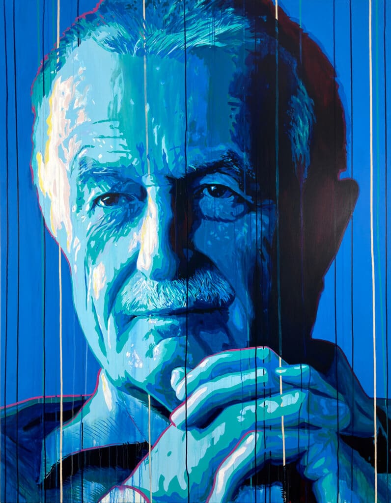 Blue abstract mural of a man's face with bold brushstrokes and vertical lines across the image.
